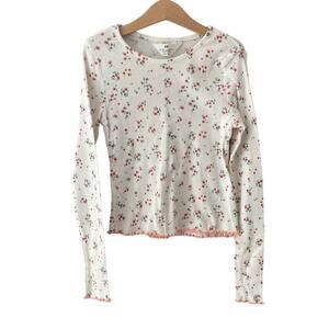 H&M Floral Ribbed Long Sleeve Tee - Lettuce Hem - White Pink - 12